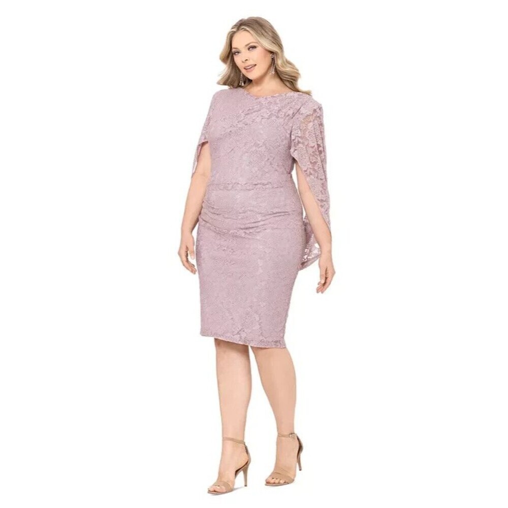 Betsy & Adam Women's Plus Size Lace Capelet Back Draped Sheath Dress Rose 14W
